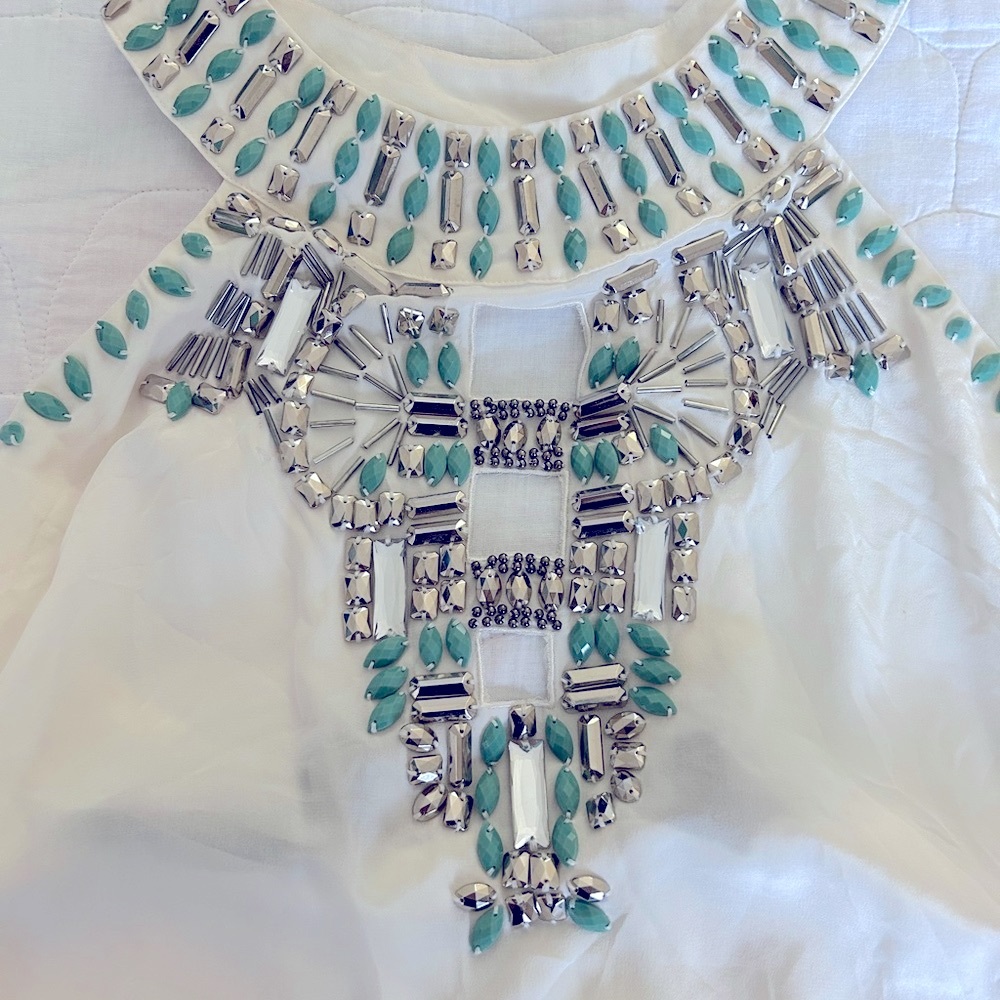 Bebe White Tunic with Silver Beading & Turquoise Embellishments - Picture 5 of 6